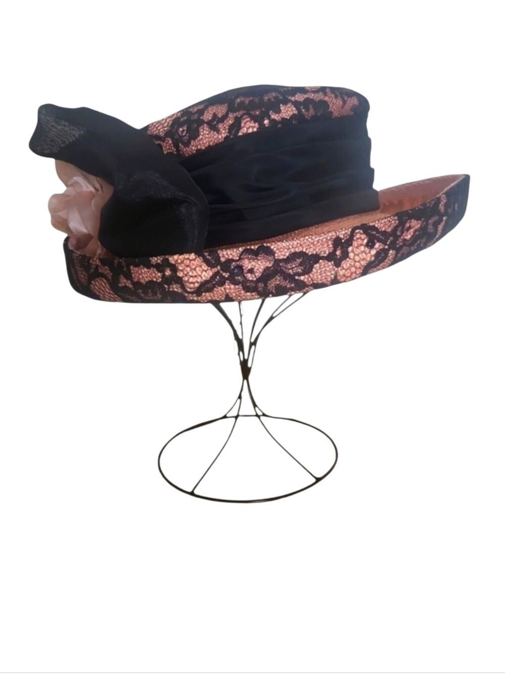 Vintage Whitall & Shon Pink & Black Lace Trimmed Hat | Statement Occasion Hat